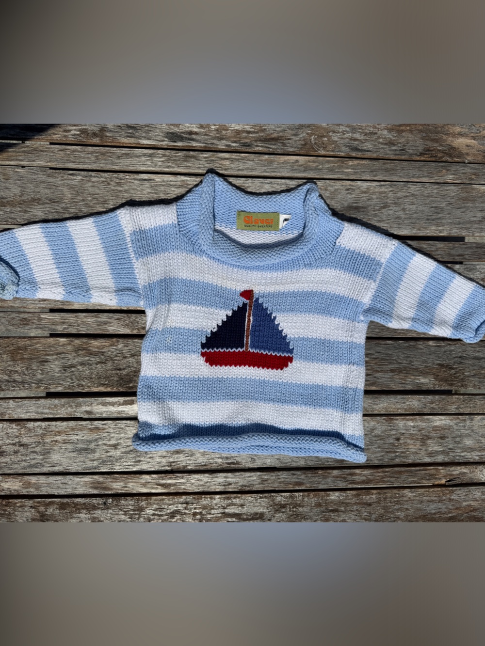 Claver 6 months Blue & White Striped Knit Sweater with Sailboat Motif